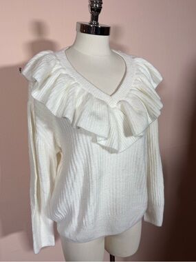 CeCe white ruffle front ribbed Sweater long sleeves coquette girl Sz. Med.
